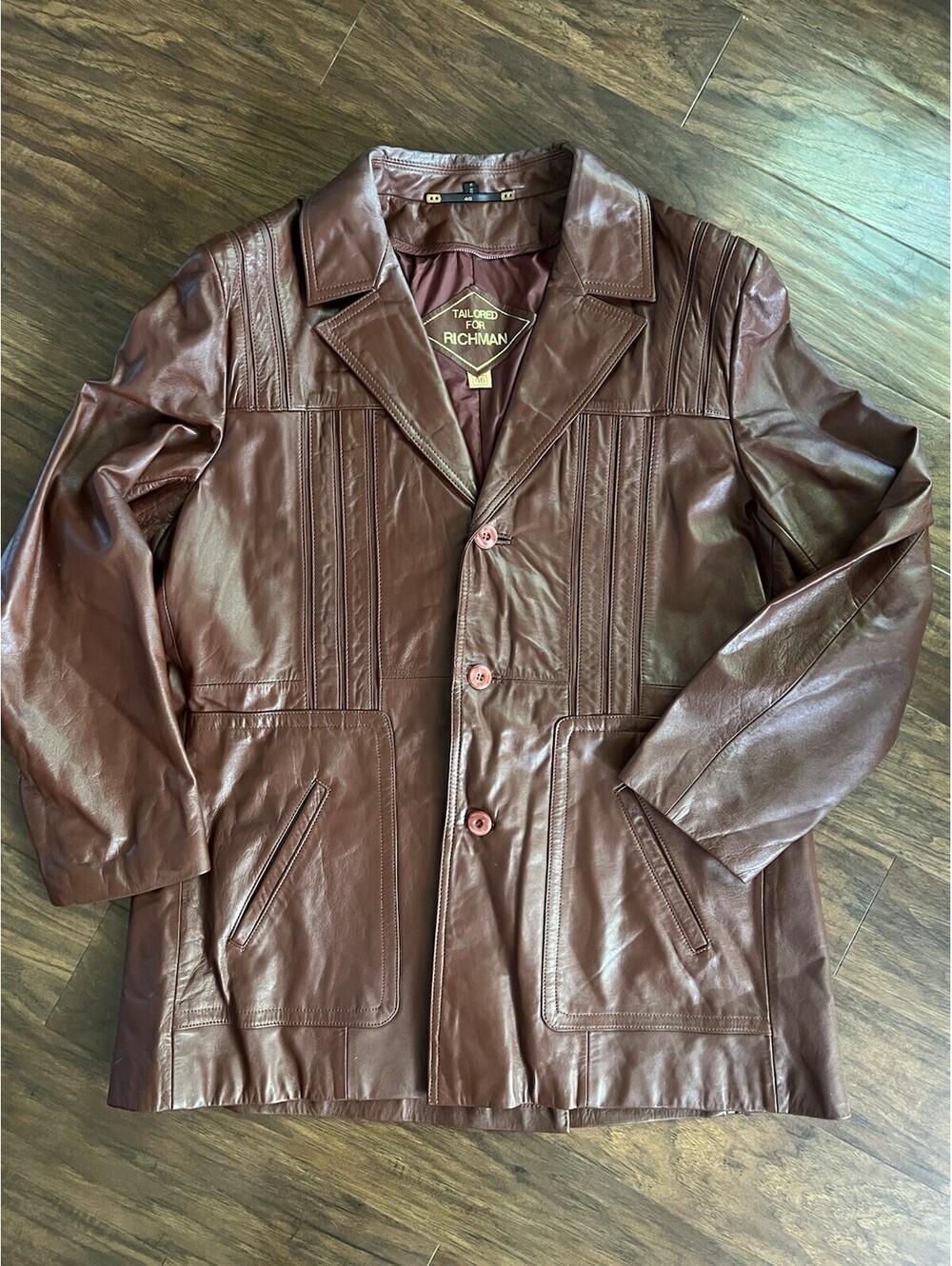 Burgundy Brown Leather Coat Jacket Tailored For Richman Men’s Size 46 Genuine